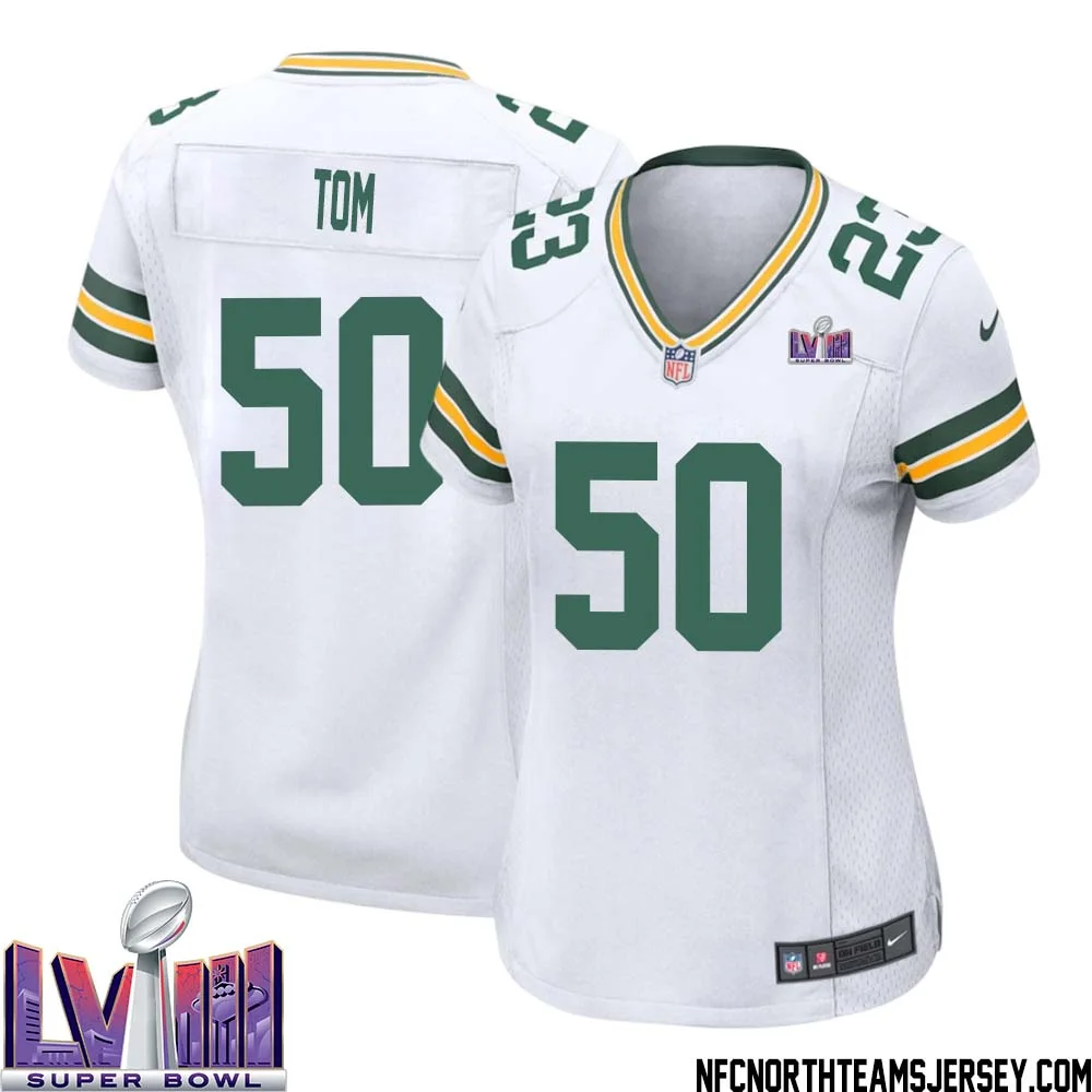 Zach Tom No 50 Green Bay Packers Super Bowl LVIII Away Game Jersey Womens White