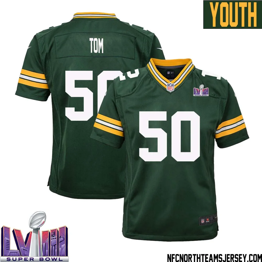 Zach Tom No 50 Green Bay Packers Super Bowl LVIII Home Game Jersey Youth