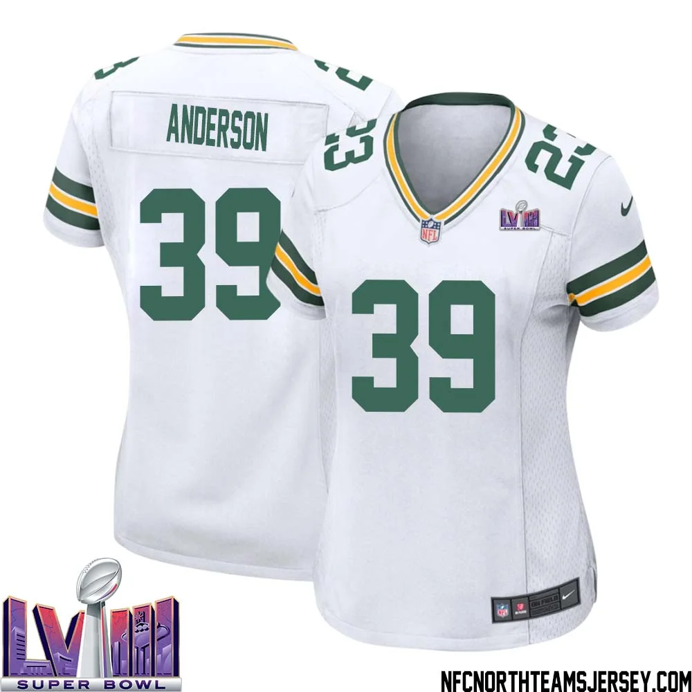 Zayne Anderson No 39 Green Bay Packers Super Bowl LVIII Away Game Jersey Womens White 1