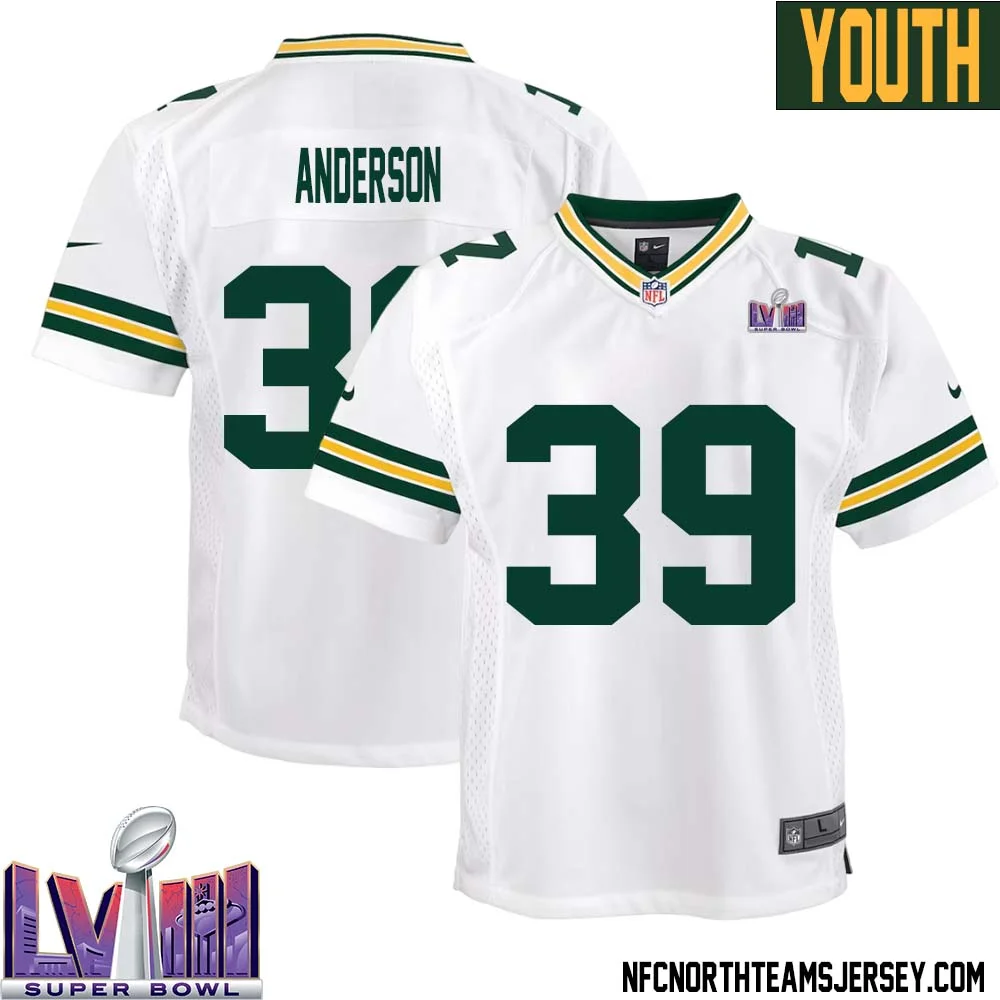 Zayne Anderson No 39 Green Bay Packers Super Bowl LVIII Away Game Jersey Youth White