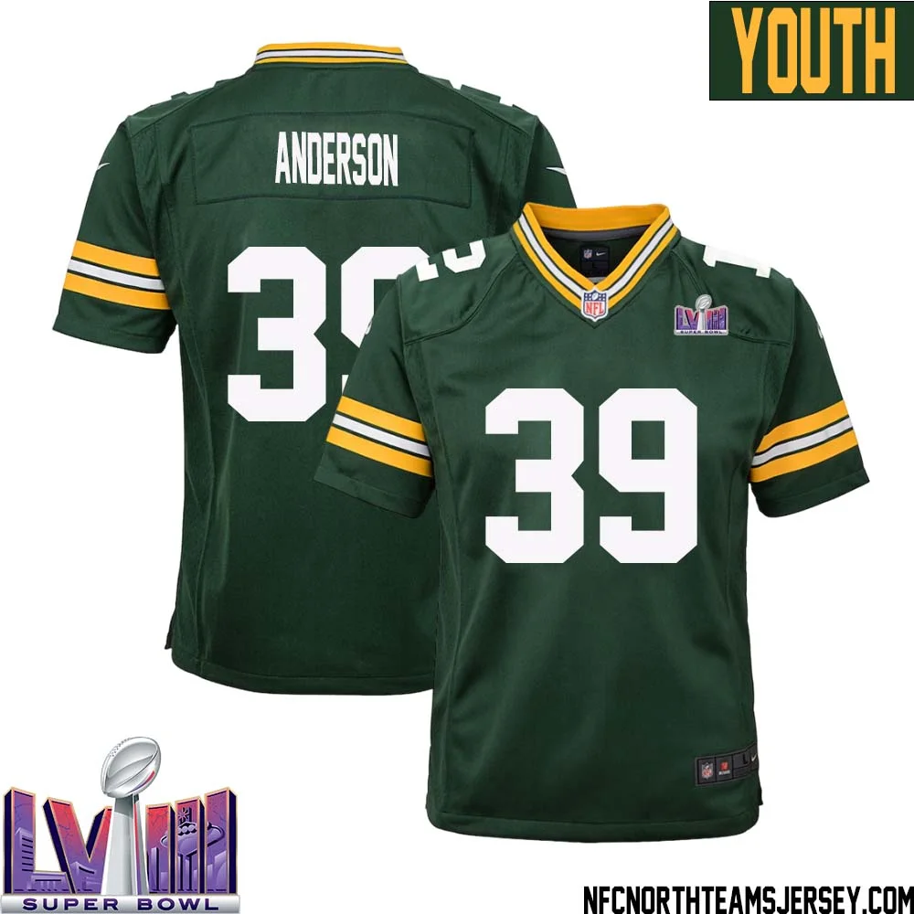 Zayne Anderson No 39 Green Bay Packers Super Bowl LVIII Home Game Jersey Youth