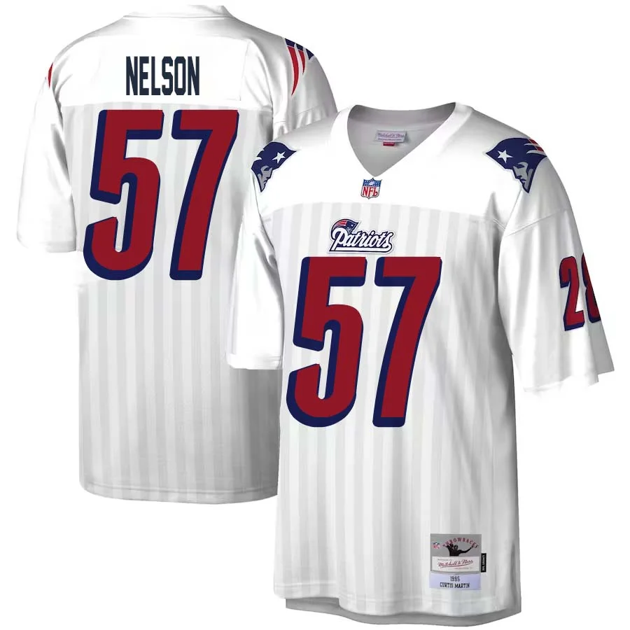 Steve Nelson No 57 Mitchell Ness White New England Patriots Legacy Replica Jersey for Men 1