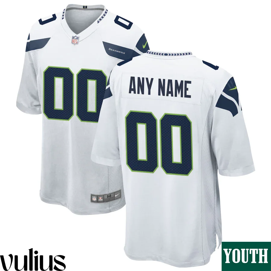 Seattle Seahawks Custom Jersey, White Youth's, Road Game Custom Jersey -