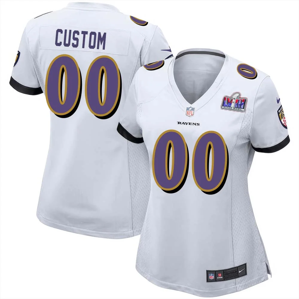 Custom Baltimore Ravens Super Bowl LVIII Away Game Player Jersey for Woman - White -