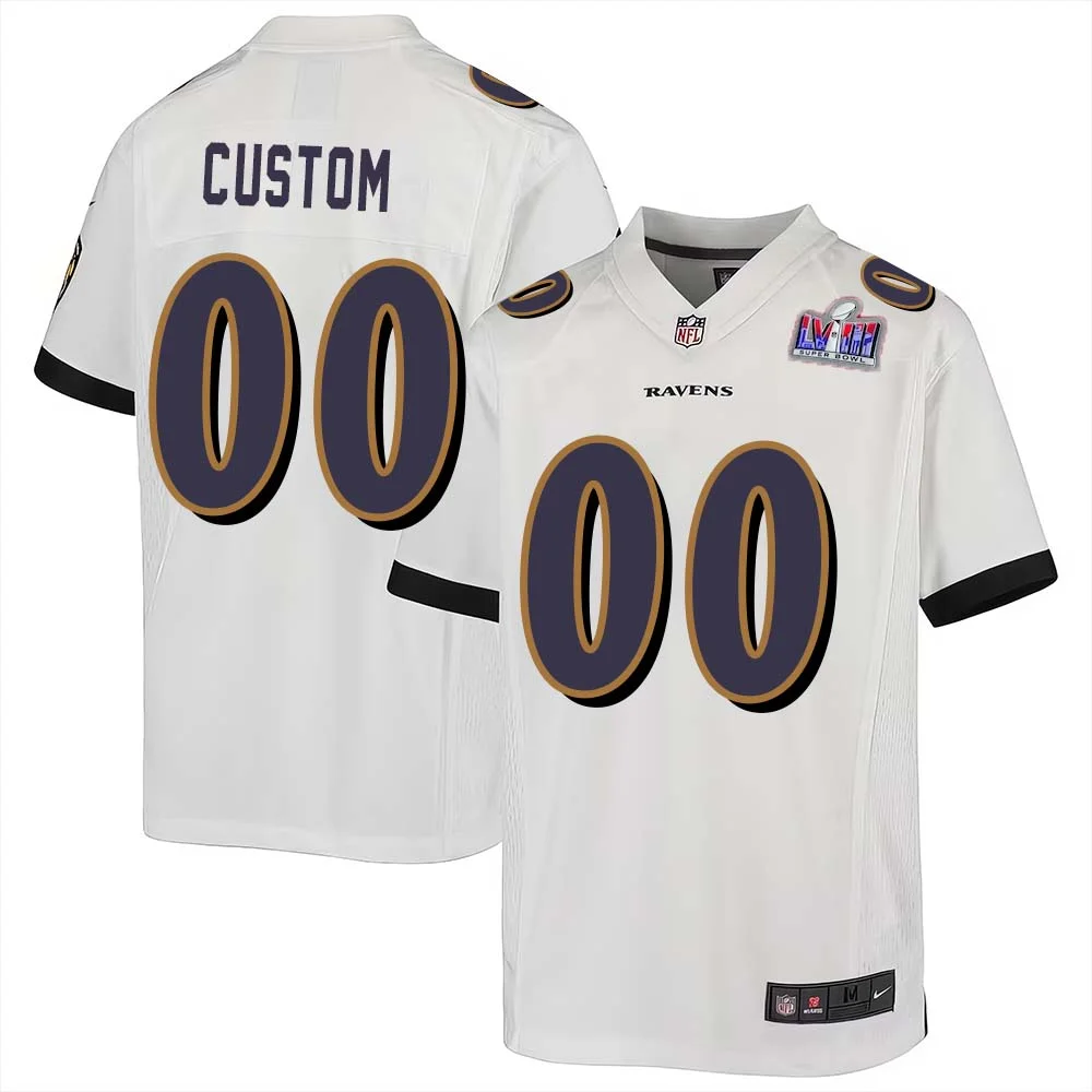 Custom Baltimore Ravens Super Bowl LVIII Away Game Player Jersey for Youth - White -