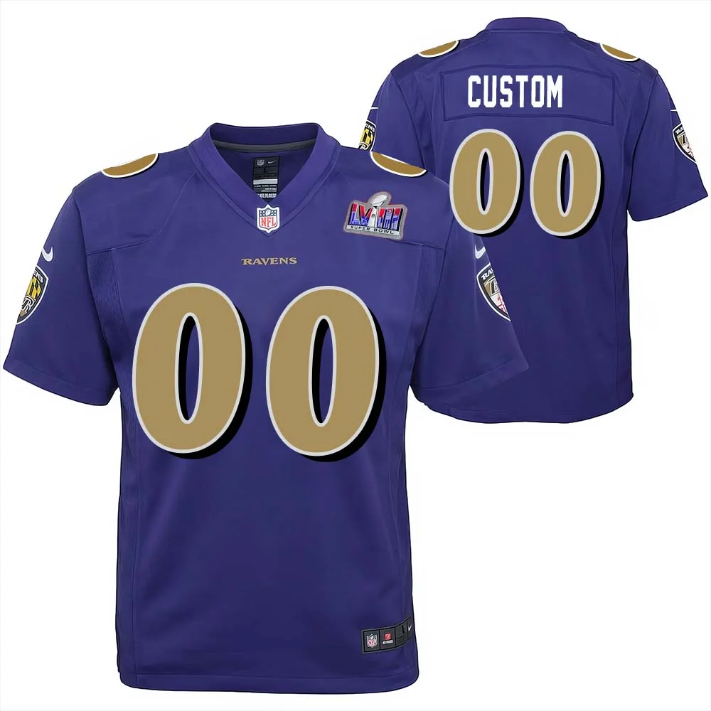 Custom Baltimore Ravens Super Bowl LVIII Youth Alternate Game Player Jersey - Purple -