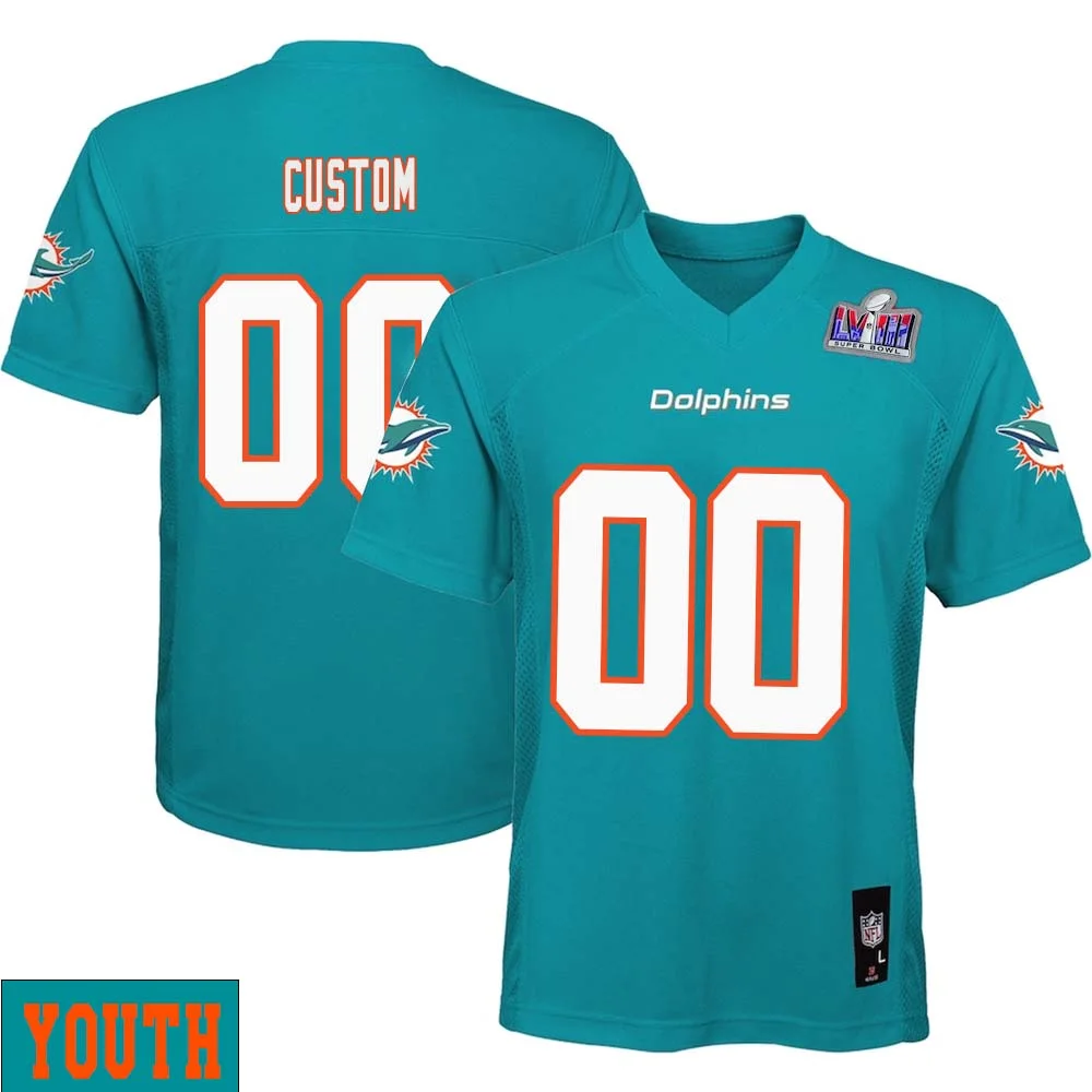 Custom Miami Dolphins Super Bowl LVIII Home Game Player Limited Jersey for Youth - Aqua -