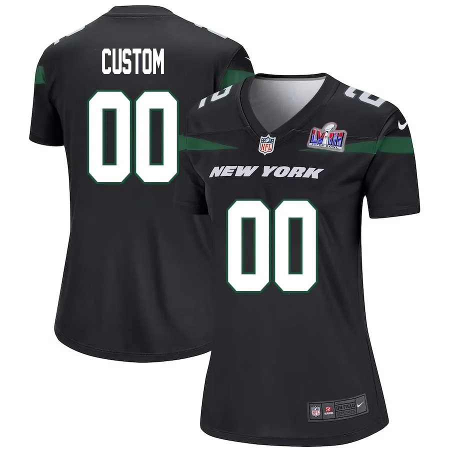 Custom New York Jets Super Bowl LVIII Game Alternate Jersey - Stealth Black for Youth -