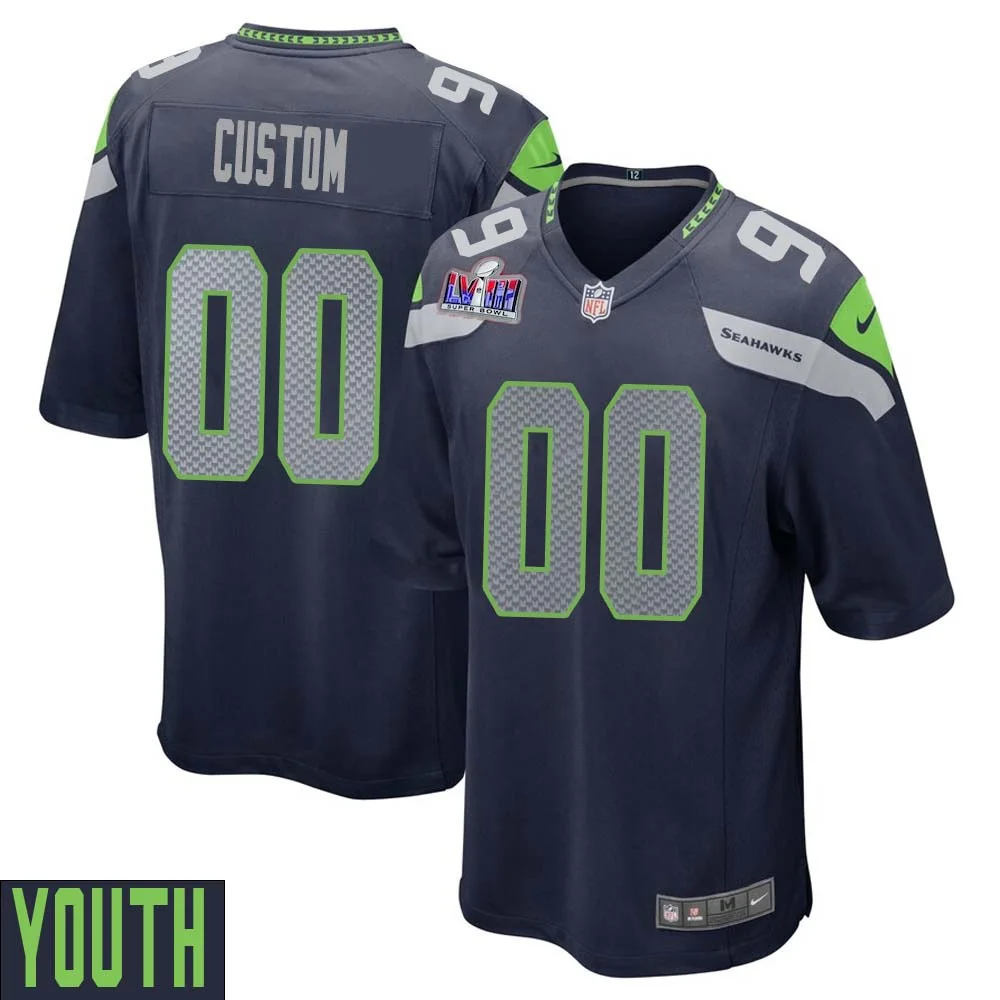Custom Seattle Seahawks Super Bowl LVIII Home Game Jersey - College Navy for Youth -