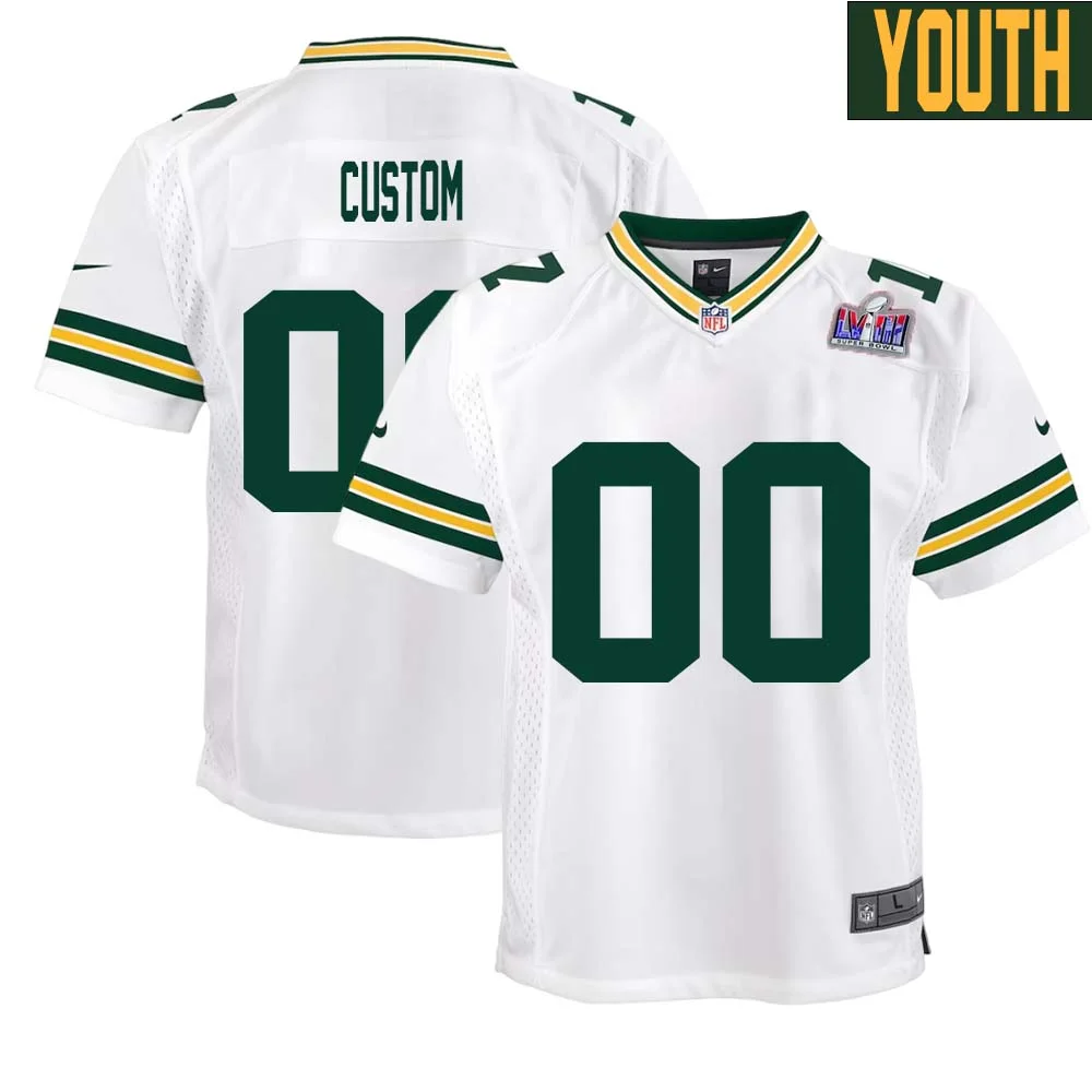 Custom Youth Green Bay Packers Super Bowl LVIII Game Road Jersey White -