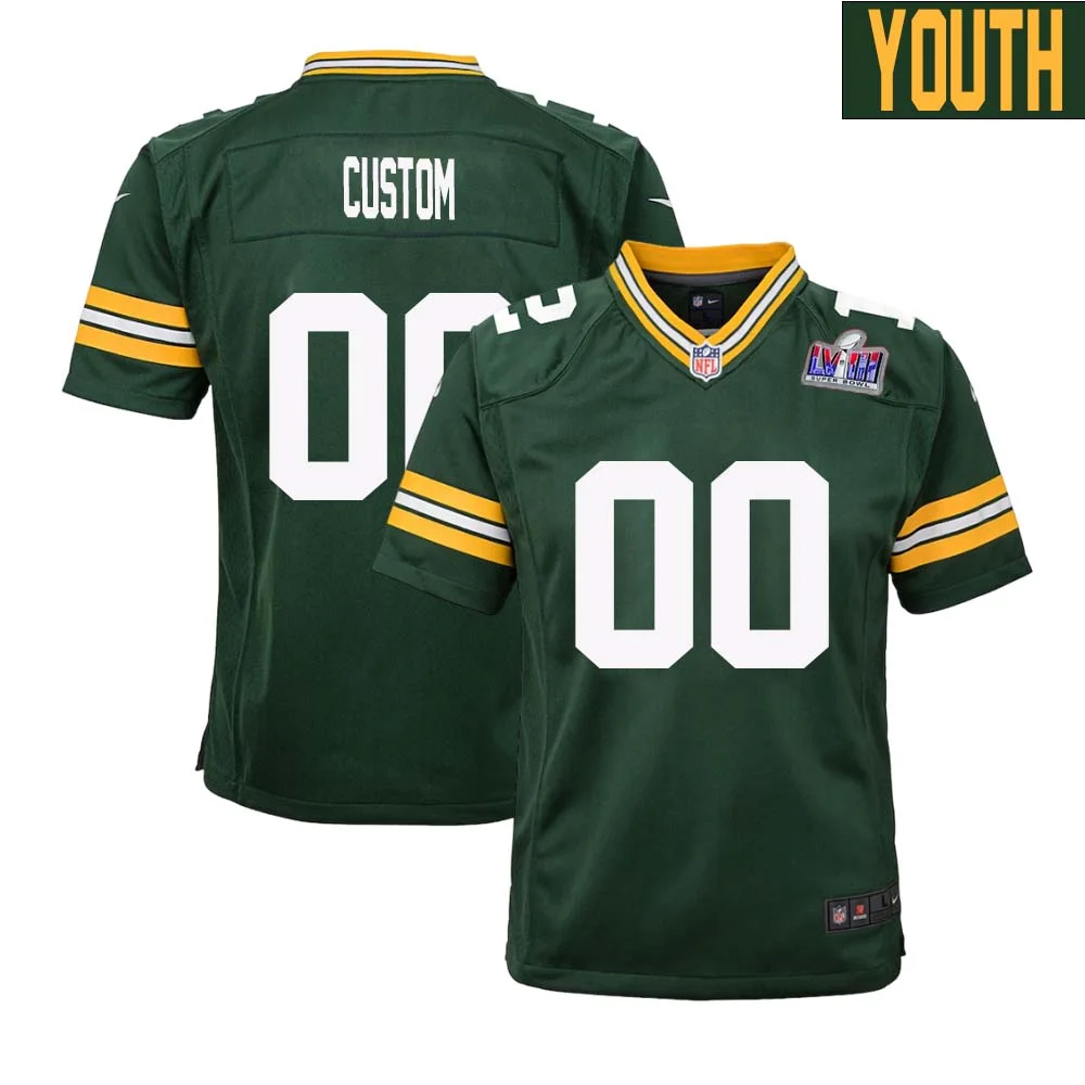 Custom Youth Green Bay Packers Super Bowl LVIII Home Game Jersey -