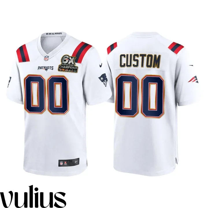 Customizable Patriots Jersey, White Men's Jersey,  6X Super Bowl Champions Patch Game Jersey -