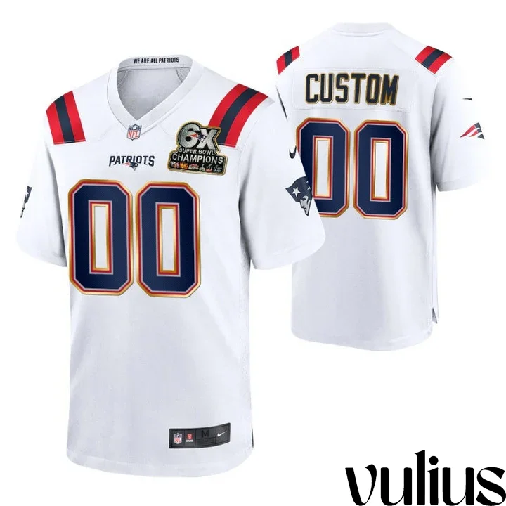 Customizable Patriots Jersey, White Men's Jersey, 6X Super Bowl Champions Patch Jersey -