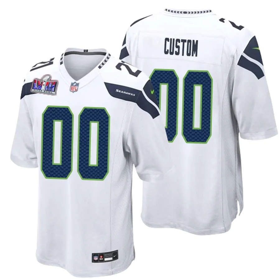 Men Custom White Seattle Seahawks Super Bowl LVIII Away Game Jersey -
