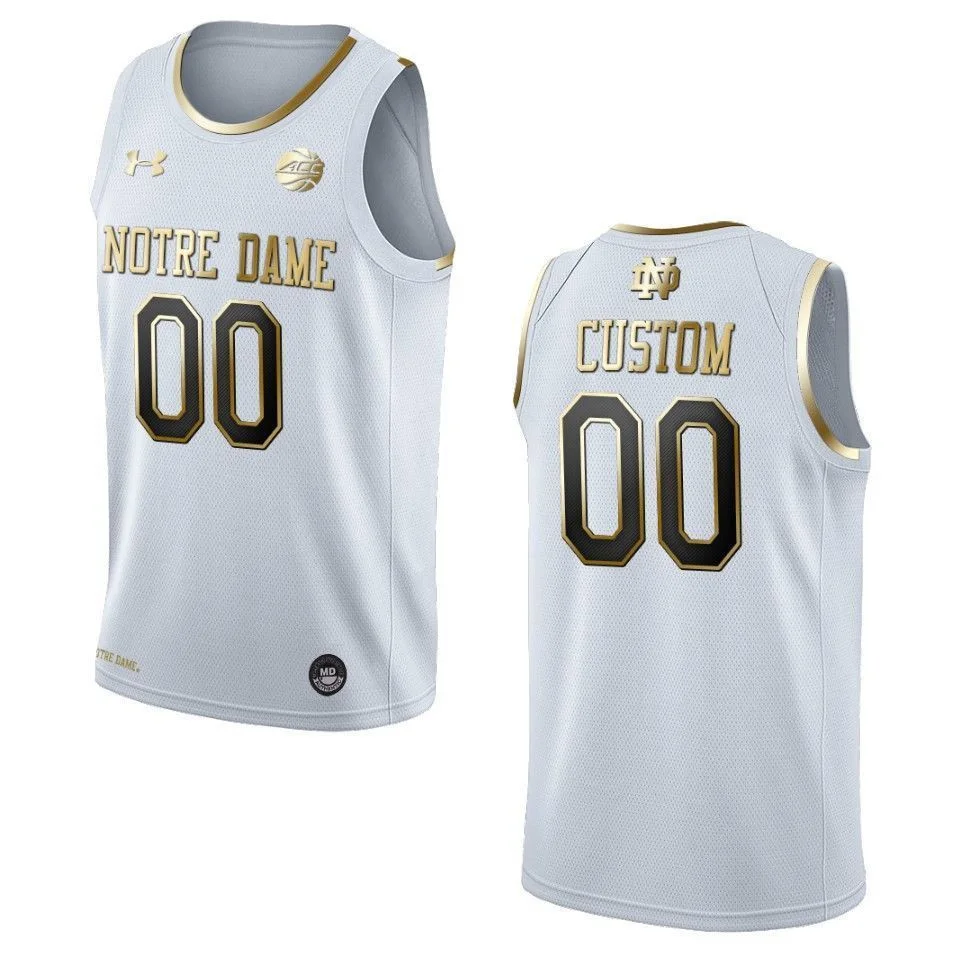 Men's Notre Dame Fighting Irish #00 Custom NCAA Golden Edition Jersey - White , Notre Dame Football Jersey Custom -