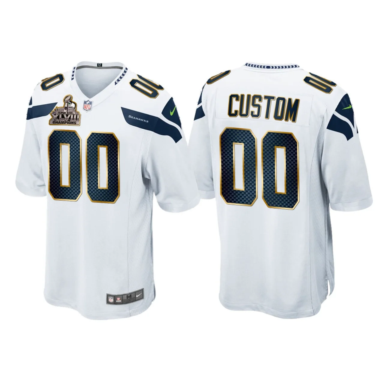 Men's Seattle Seahawks #00 Custom White Super Bowl XLVIII Champions Patch Game Jersey -