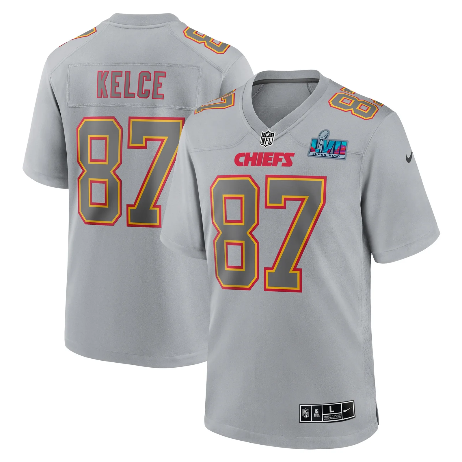 Men's Travis Kelce Kansas City Chiefs Super Bowl LVII Patch Atmosphere Fashion Game Jersey - Gray -