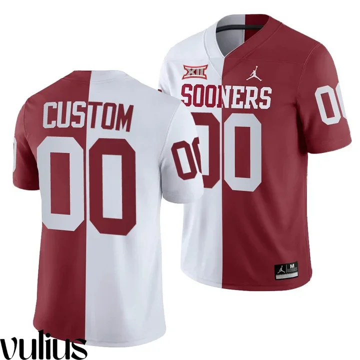 Oklahoma Sooners Custom Jersey, White Men's, Crimson Split Jersey -