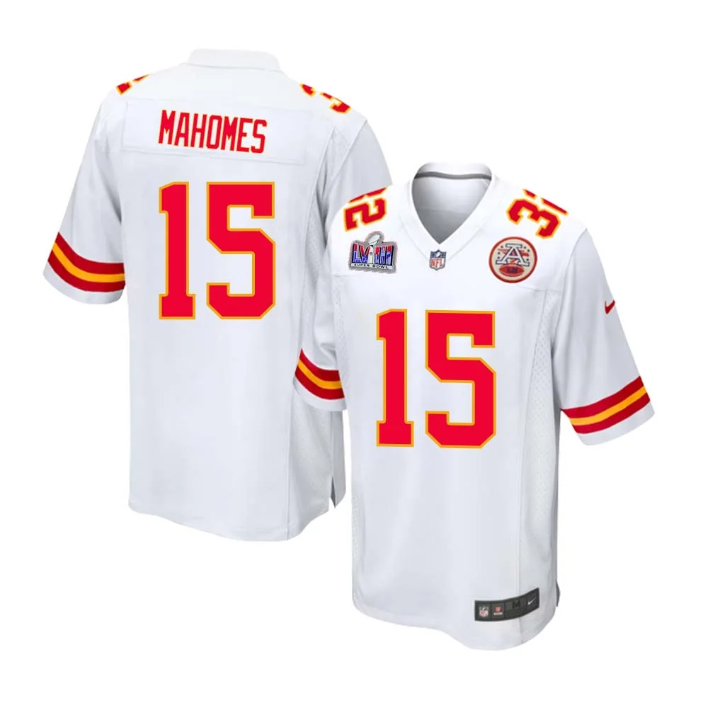 Patrick Mahomes No 15 Kanas City Chiefs Super Bowl LVIII Away Game Jersey for Men - White -
