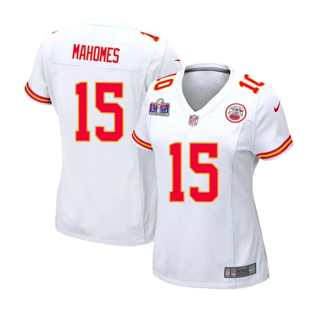 Patrick Mahomes No 15 Kanas City Chiefs Super Bowl LVIII Away Game Jersey for Woman - White -