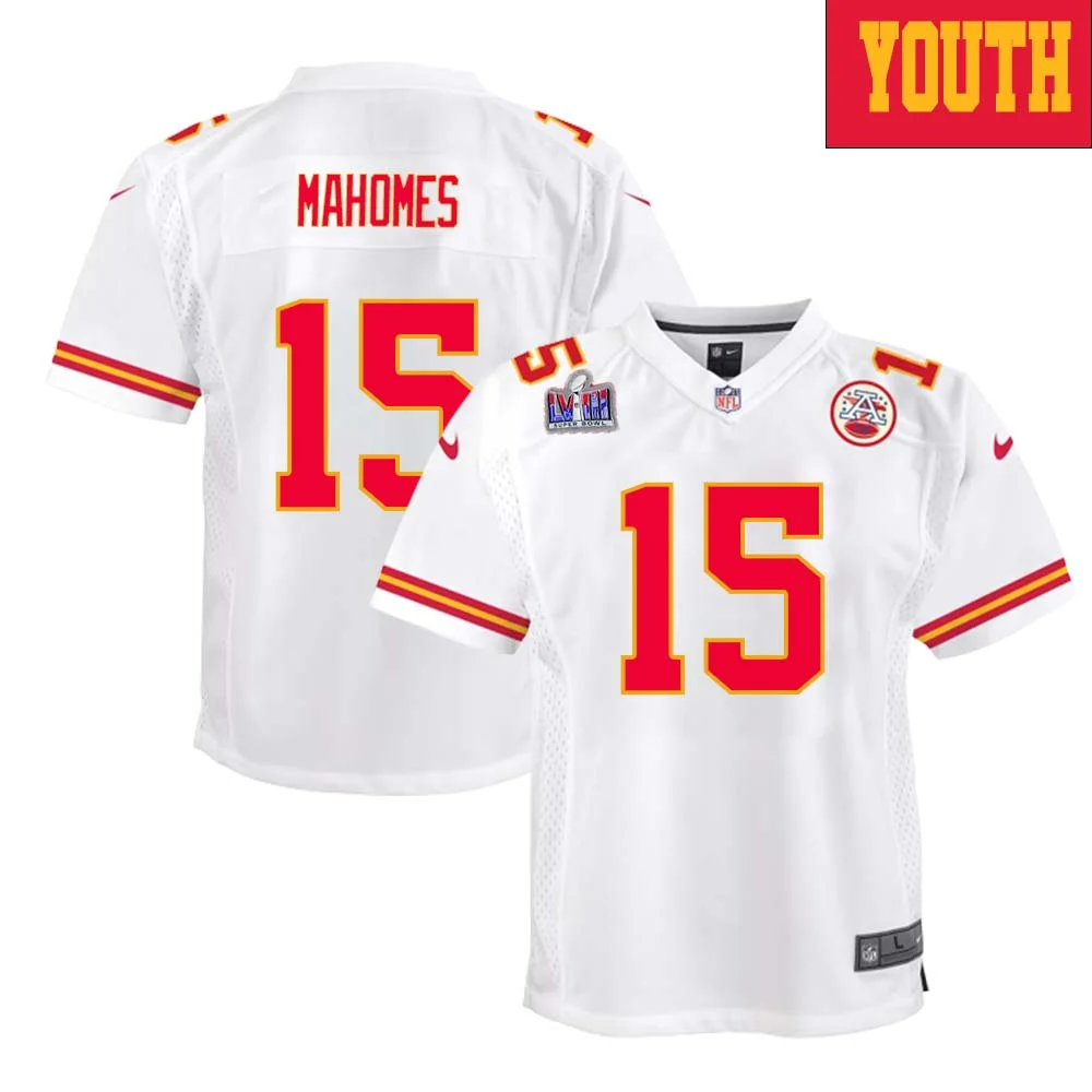 Patrick Mahomes No 15 Kanas City Chiefs Super Bowl LVIII Away Game Jersey for Youth - White -