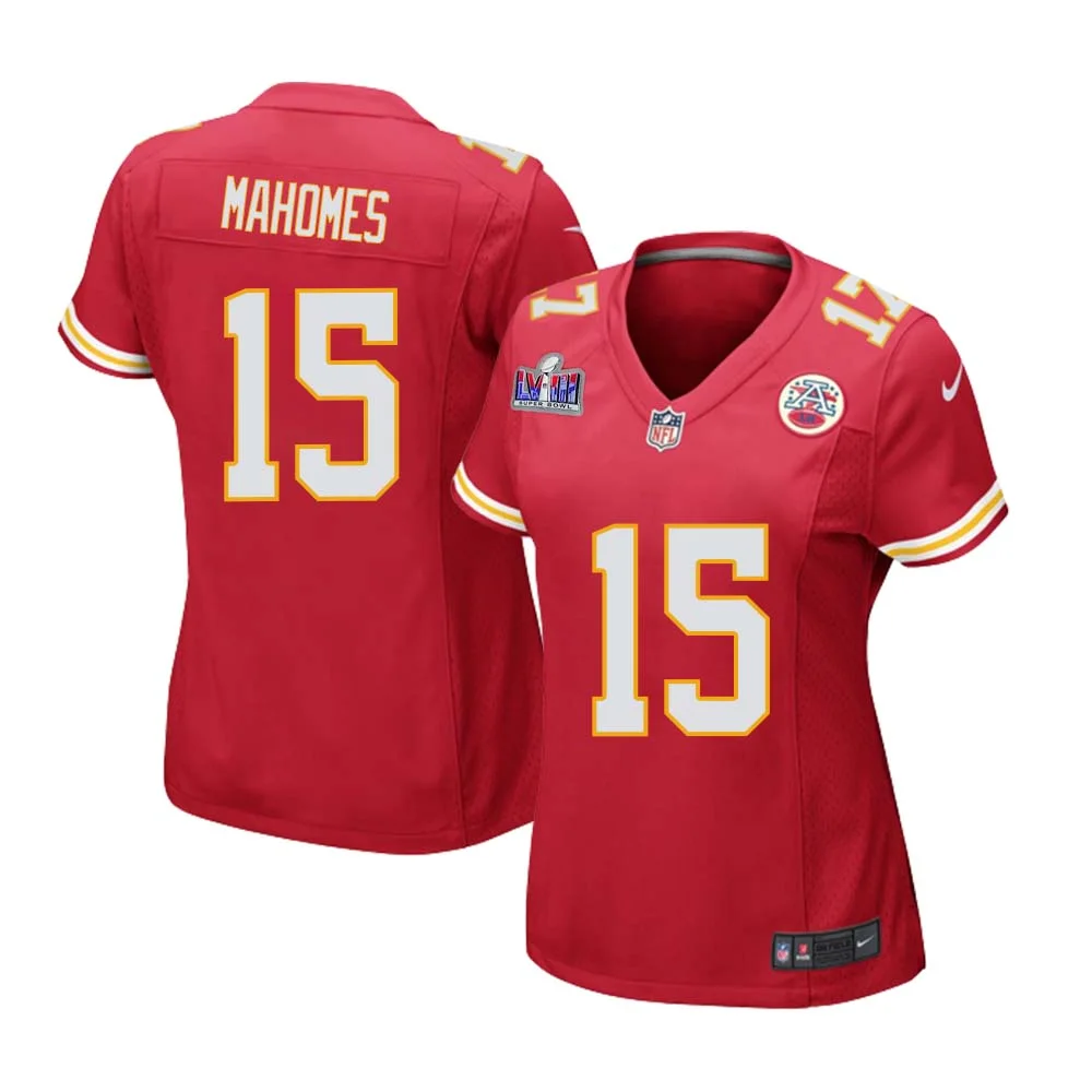 Patrick Mahomes No 15 Kanas City Chiefs Super Bowl LVIII Home Game Jersey for Woman - Red -