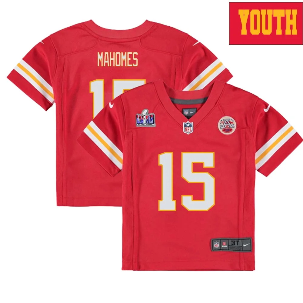 Patrick Mahomes No 15 Kanas City Chiefs Super Bowl LVIII Home Game Jersey for Youth - Red -