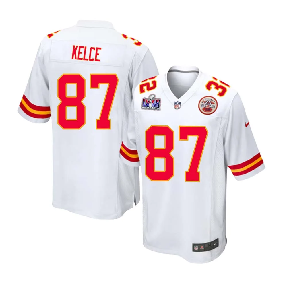 Travis Kelce No 87 Kanas City Chiefs Super Bowl LVIII Away Game Jersey for Men - White -