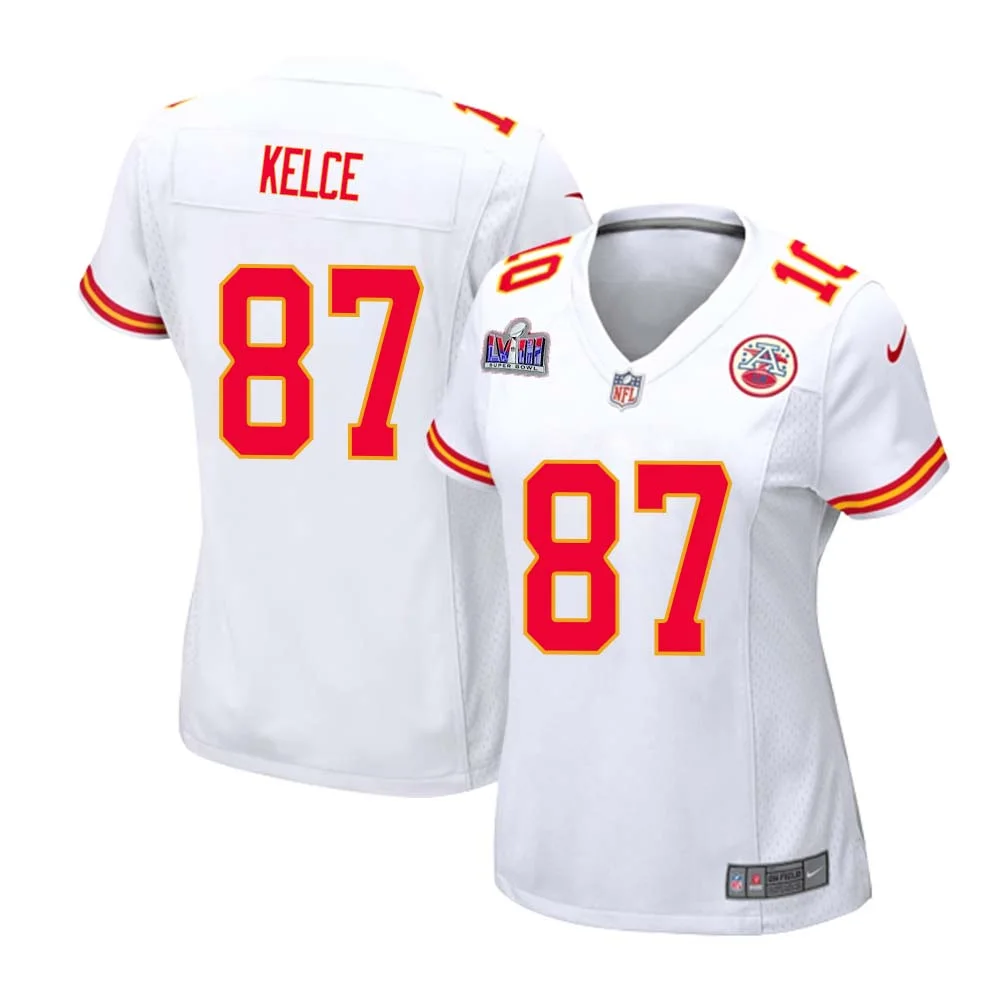 Travis Kelce No 87 Kanas City Chiefs Super Bowl LVIII Away Game Jersey for Woman - White -