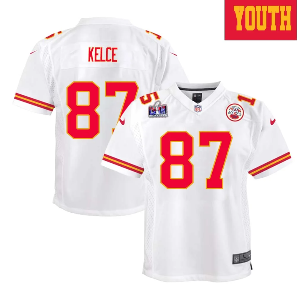 Travis Kelce No 87 Kanas City Chiefs Super Bowl LVIII Away Game Jersey for Youth - White -