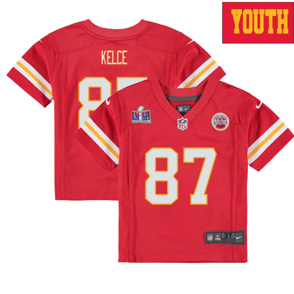 Travis Kelce No 87 Kanas City Chiefs Super Bowl LVIII Home Game Jersey for Youth - Red -