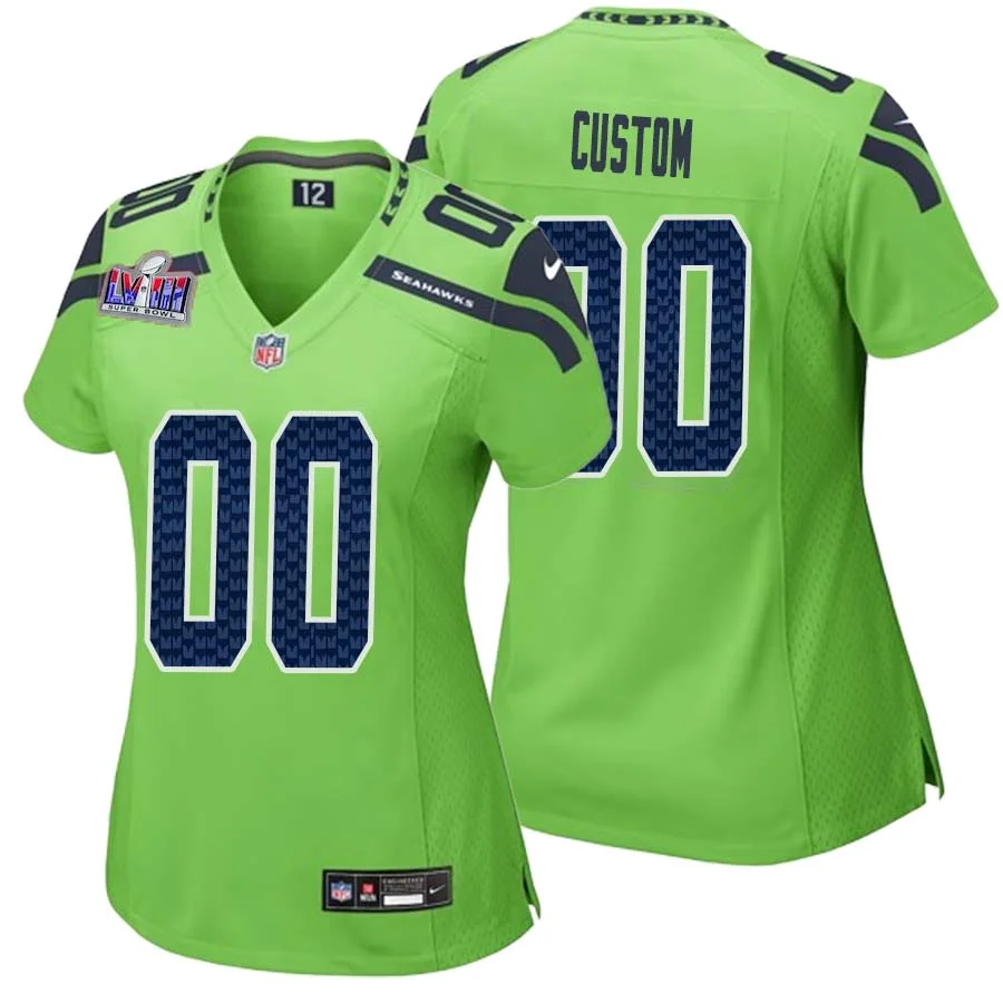 Woman Custom Neon Green Seattle Seahawks Super Bowl LVIII Alternate Game Jersey -