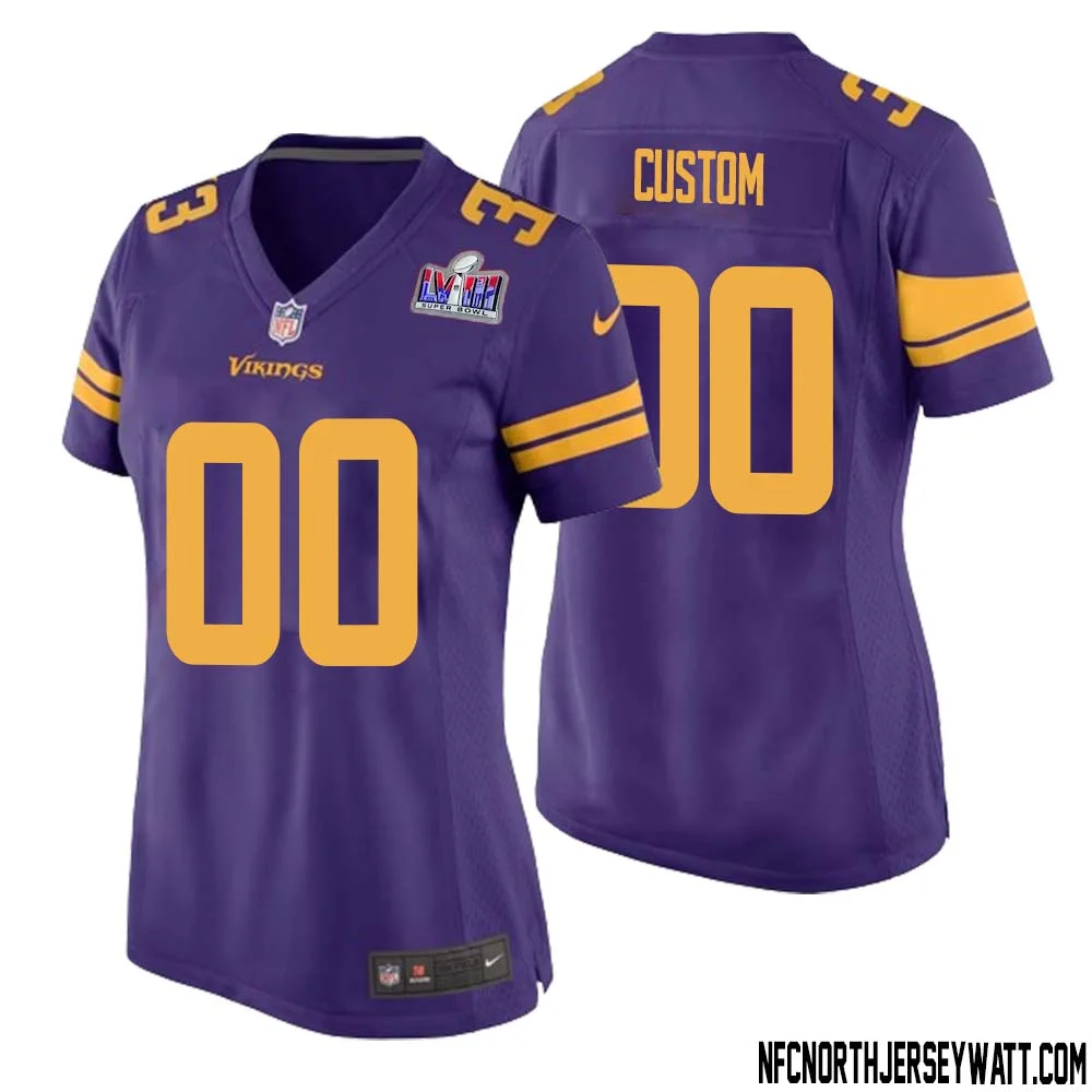 Woman Custom Purple Minnesota Vikings Super Bowl LVIII Alternate Game Jersey -