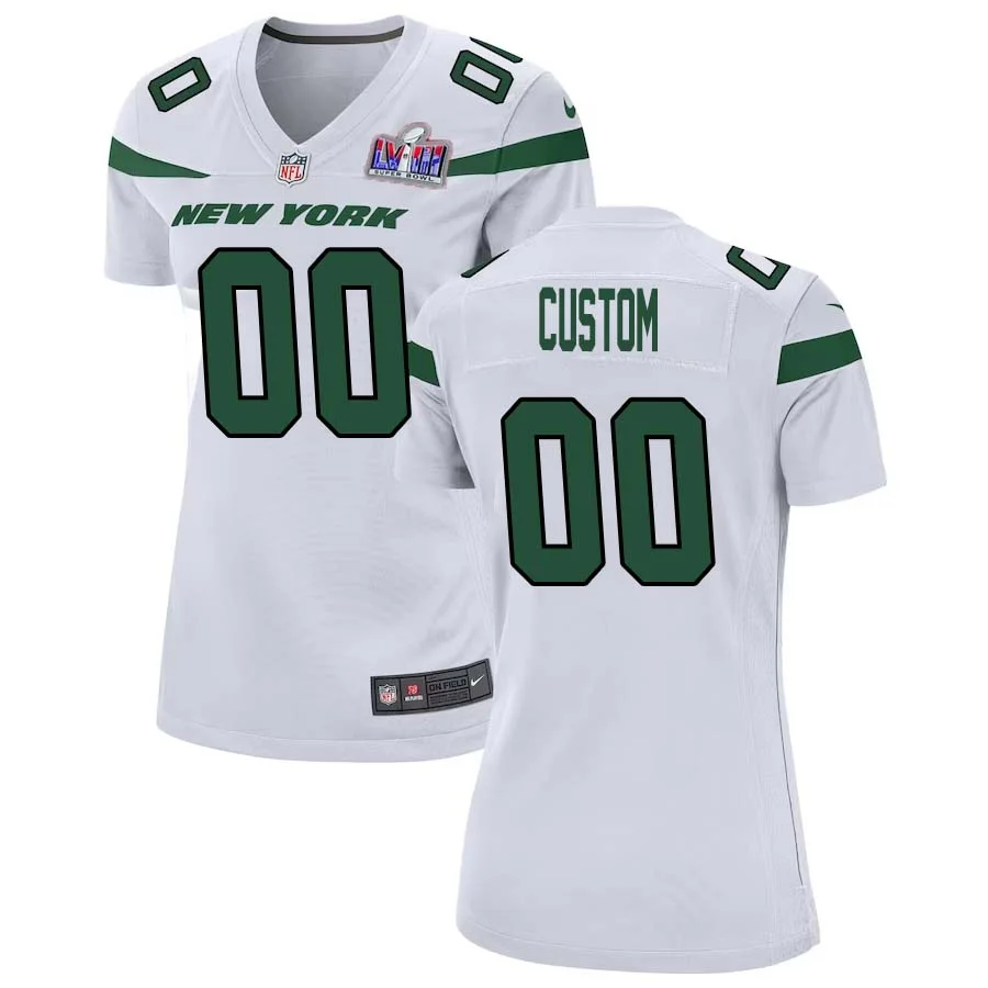 Woman Custom White New York Jets Super Bowl LVIII Player Away Game Jersey -