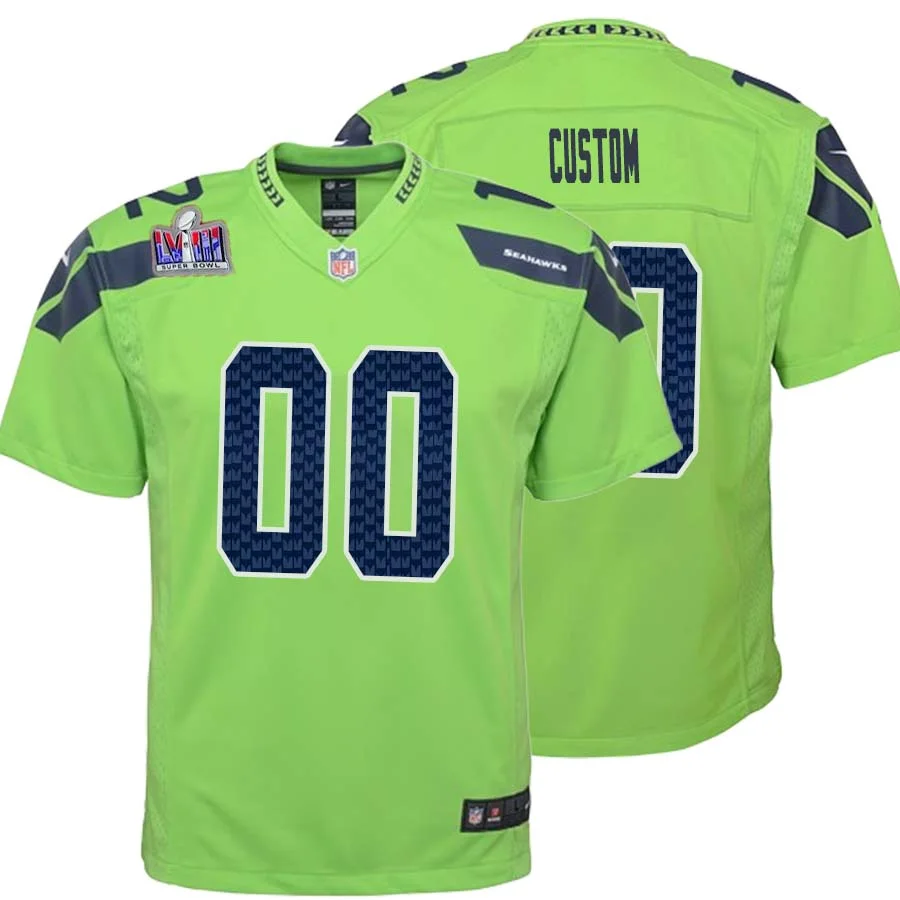 Youth Custom Neon Green Seattle Seahawks Super Bowl LVIII Alternate Game Jersey -