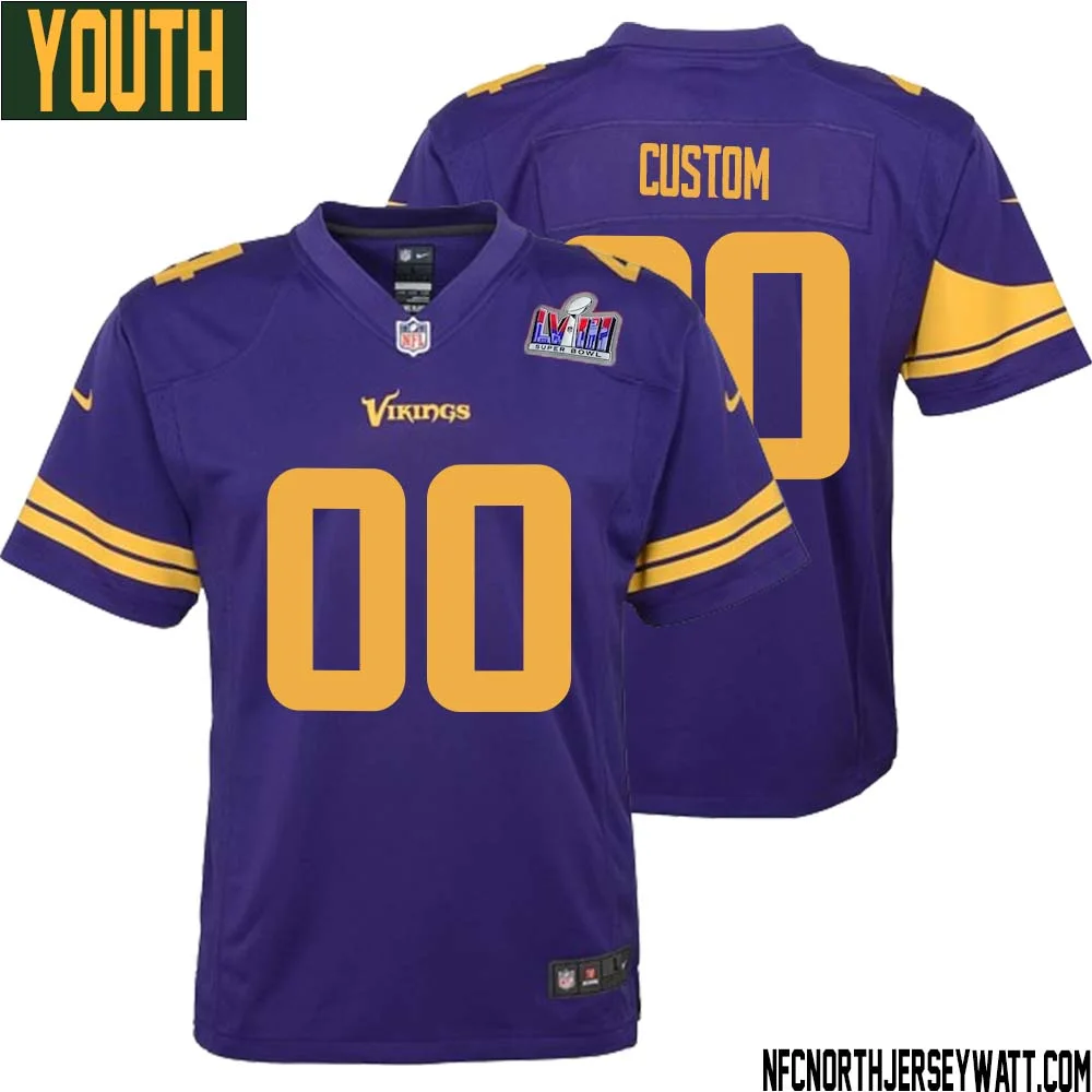 Youth Custom Purple Minnesota Vikings Super Bowl LVIII Alternate Game Jersey -