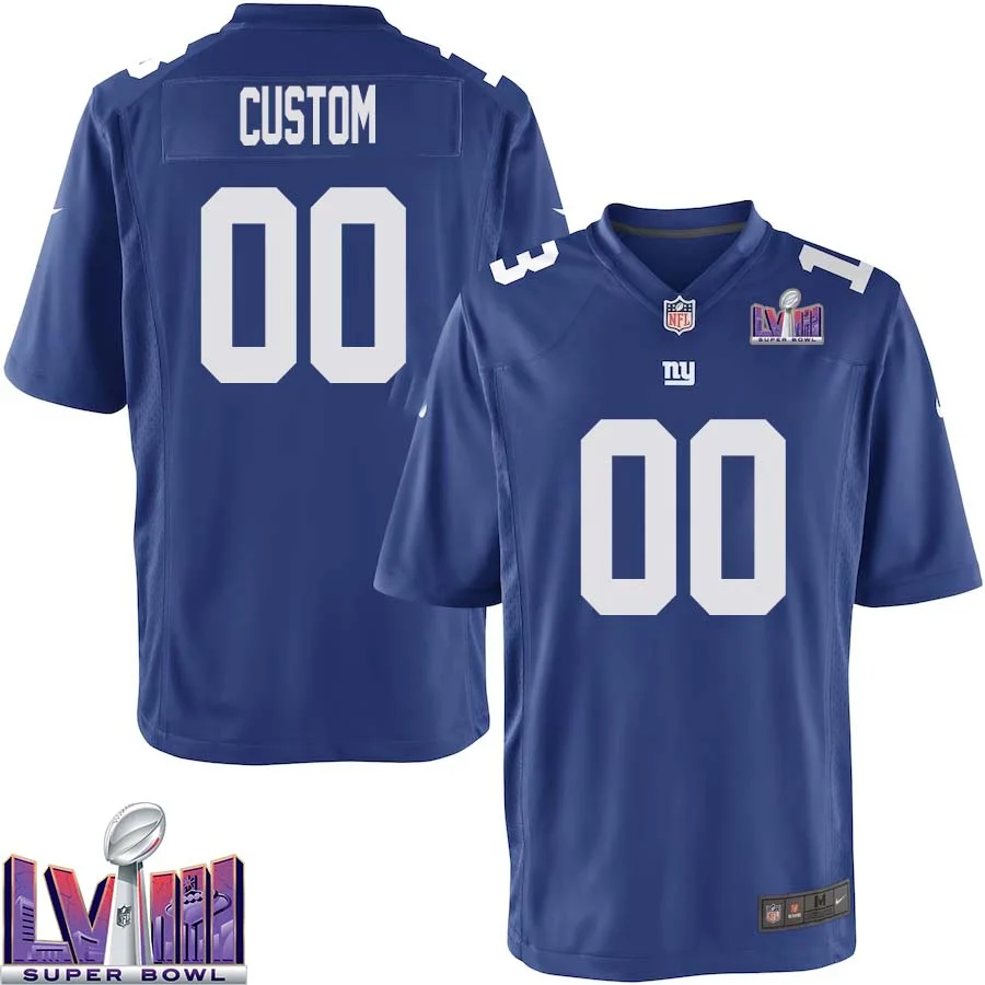 Youth Custom Royal New York Giants Super Bowl LVIII Home Game Player Jersey -