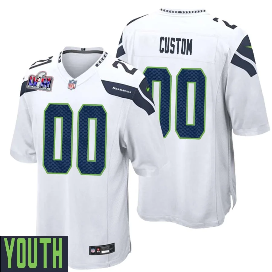 Youth Custom White Seattle Seahawks Super Bowl LVIII Away Game Jersey -