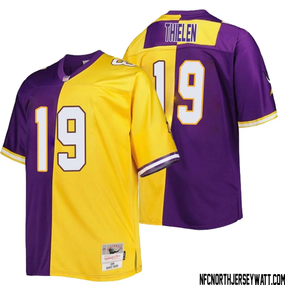 Adam Thielen No 19 Men Mitchell Ness Purple Gold Minnesota Vikings Big Tall Split Legacy Retired Player Replica Jersey 1