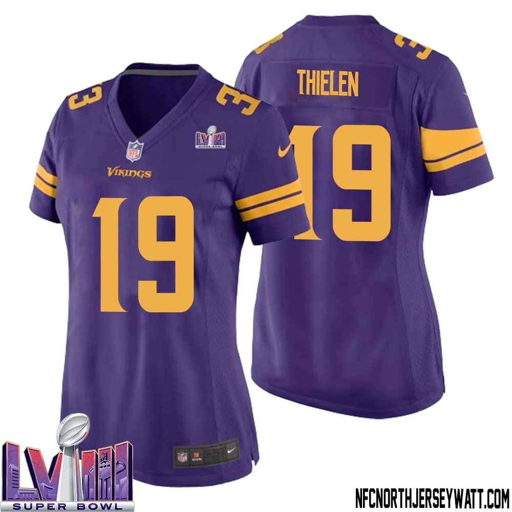 Adam Thielen No 19 Minnesota Vikings Super Bowl LVIII Alternate Game Jersey Purple for Women 1