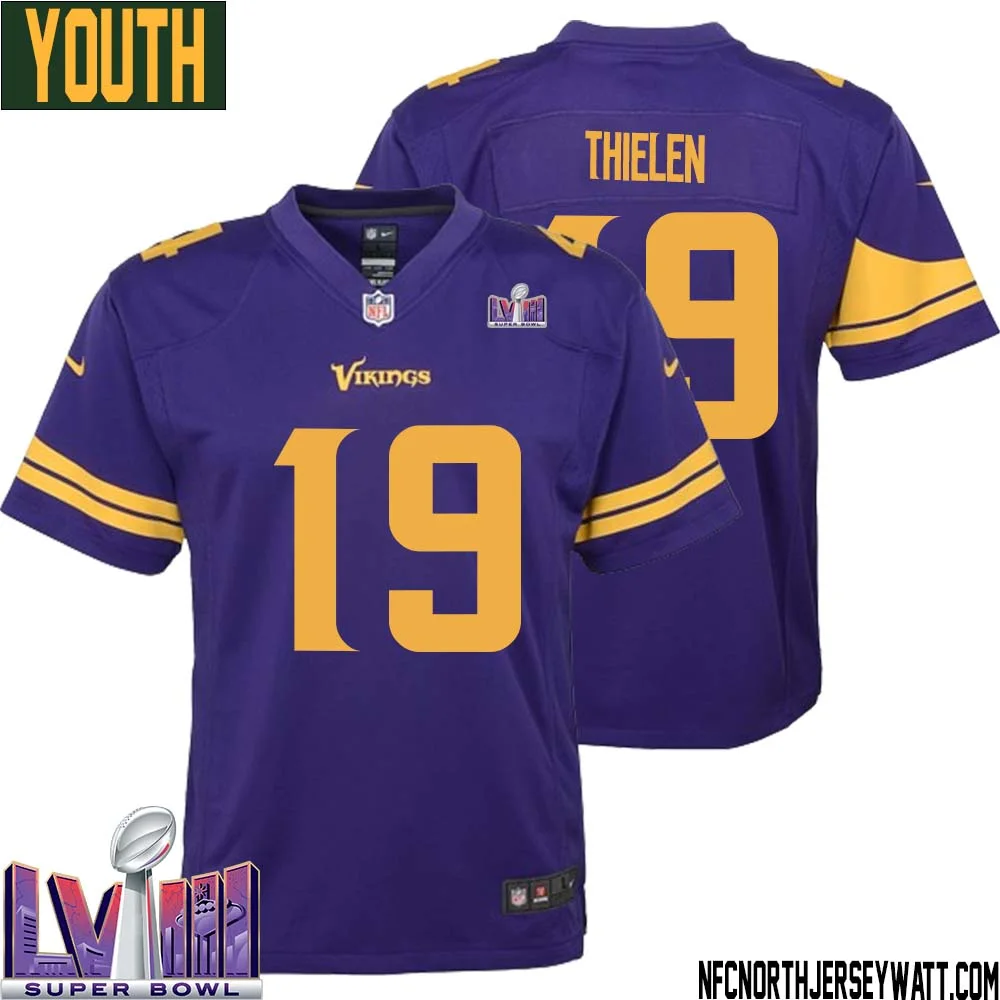 Adam Thielen No 19 Minnesota Vikings Super Bowl LVIII Alternate Game Jersey Purple for Youth