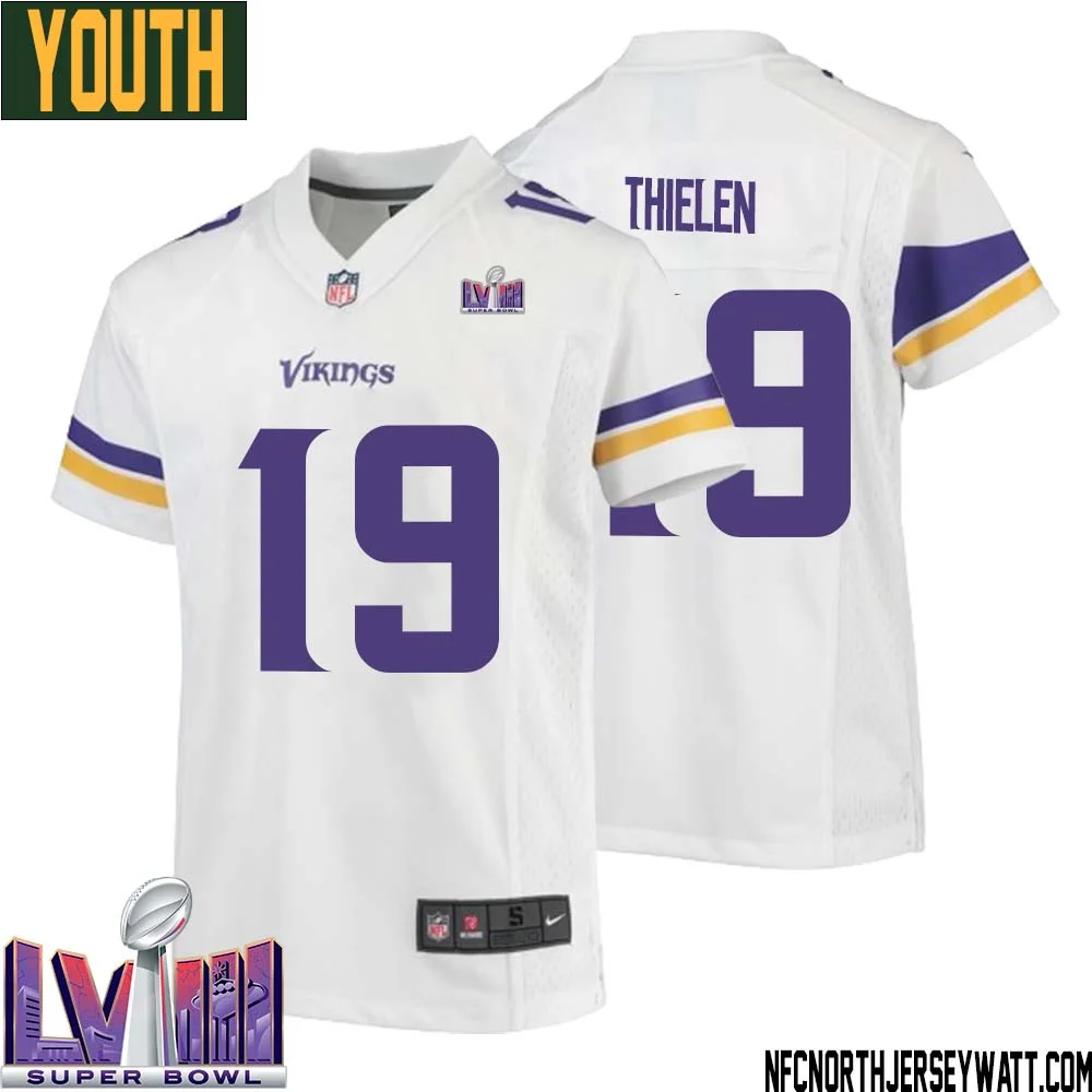 Adam Thielen No 19 Minnesota Vikings Super Bowl LVIII Away Game Jersey White for Youth 1
