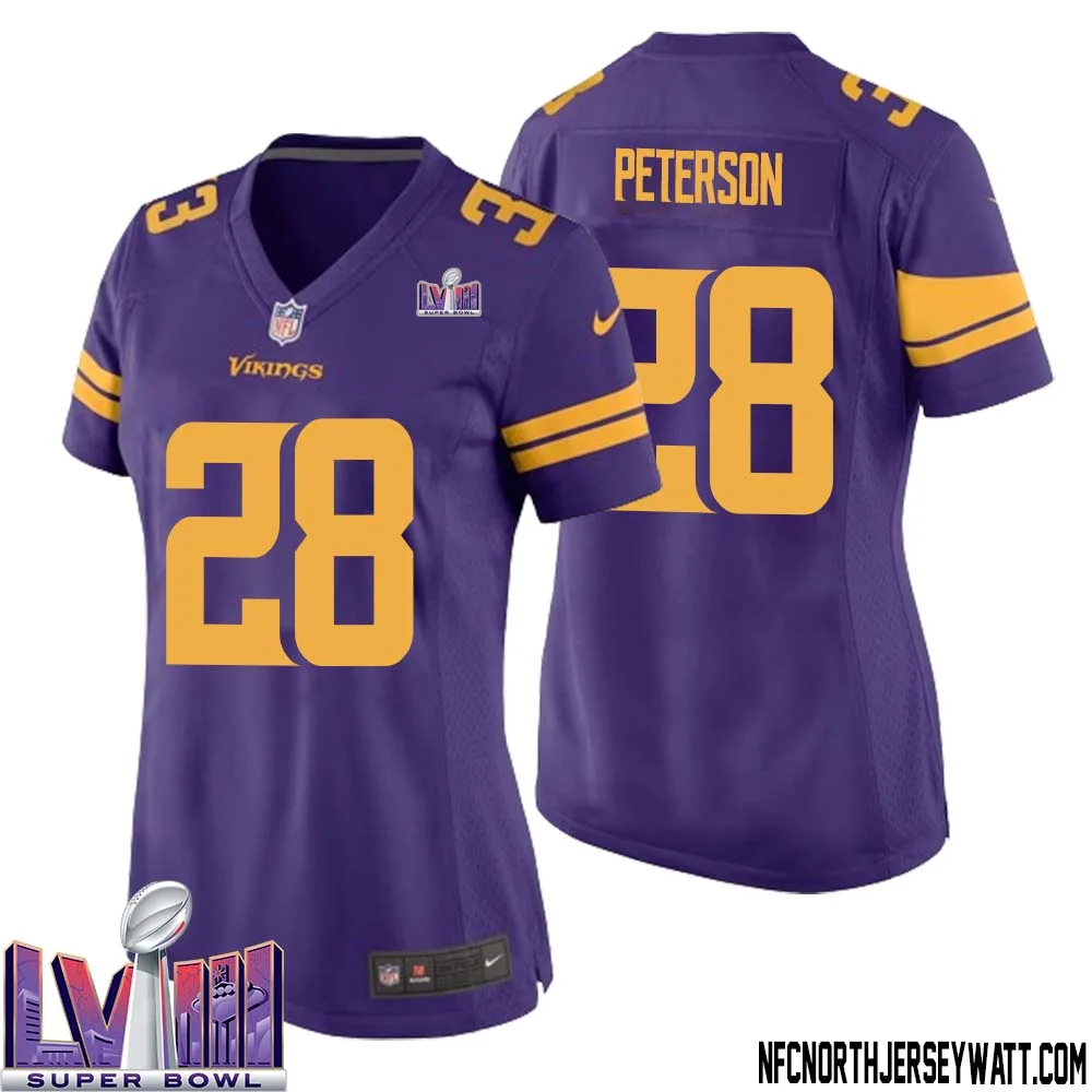 Adrian Peterson No 28 Minnesota Vikings Super Bowl LVIII Alternate Game Jersey Purple for Women 1