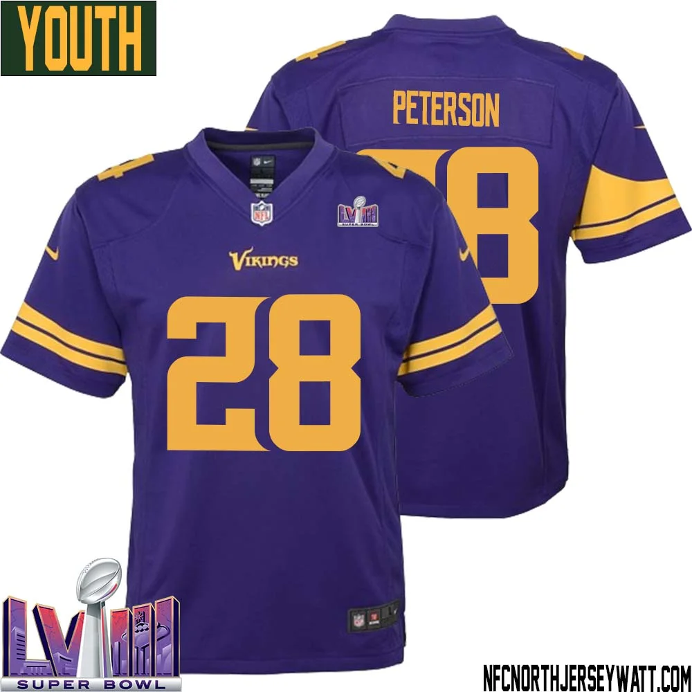 Adrian Peterson No 28 Minnesota Vikings Super Bowl LVIII Alternate Game Jersey Purple for Youth 1