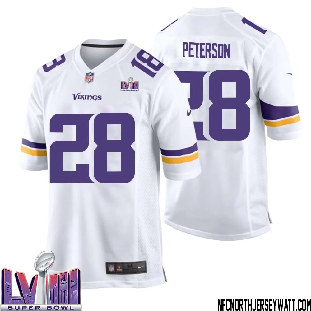 Adrian Peterson No 28 Minnesota Vikings Super Bowl LVIII Away Game Jersey White for Men 1