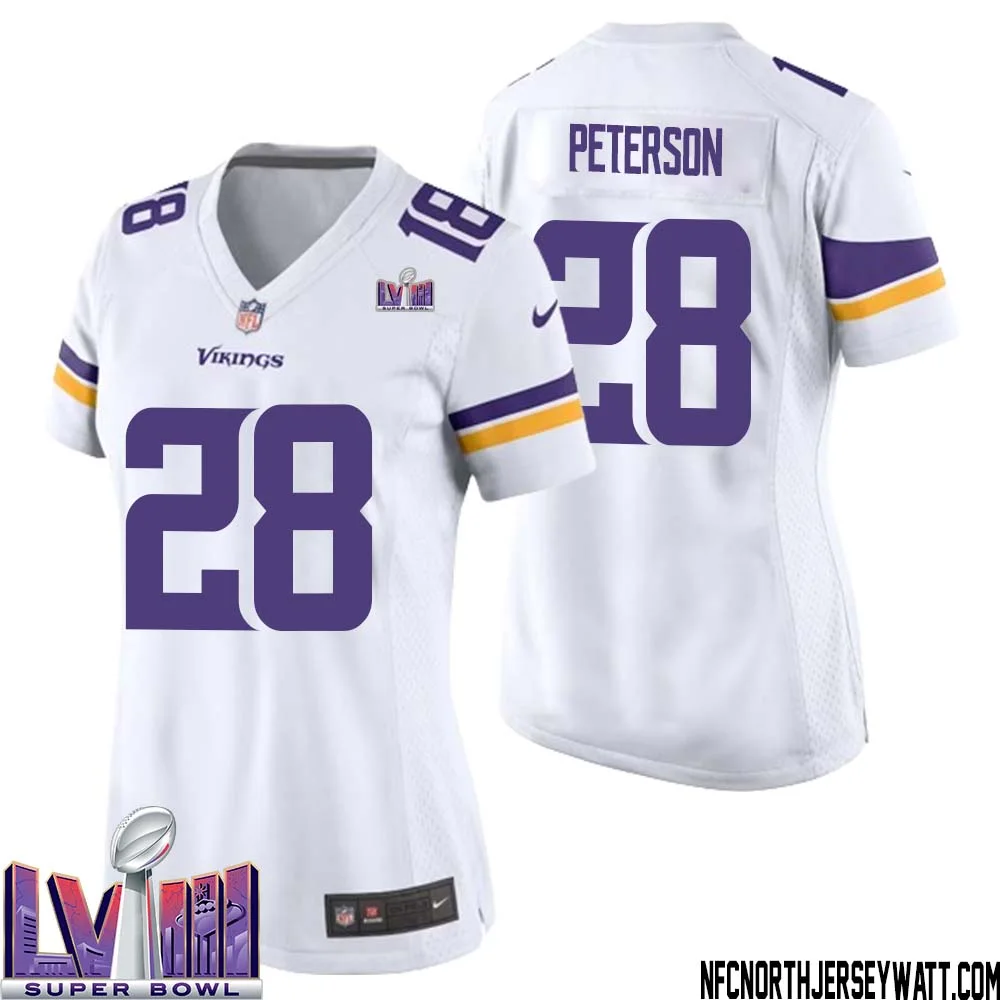 Adrian Peterson No 28 Minnesota Vikings Super Bowl LVIII Away Game Jersey White for Women