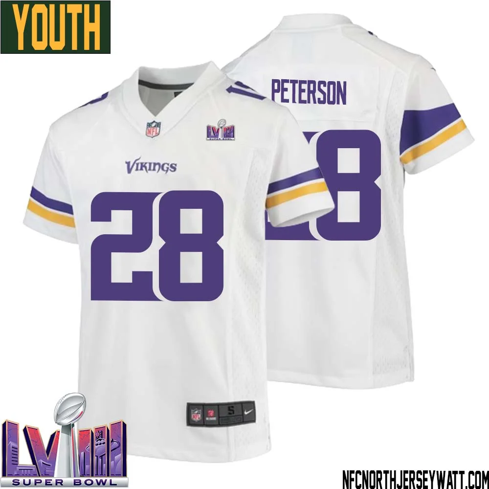 Adrian Peterson No 28 Minnesota Vikings Super Bowl LVIII Away Game Jersey White for Youth