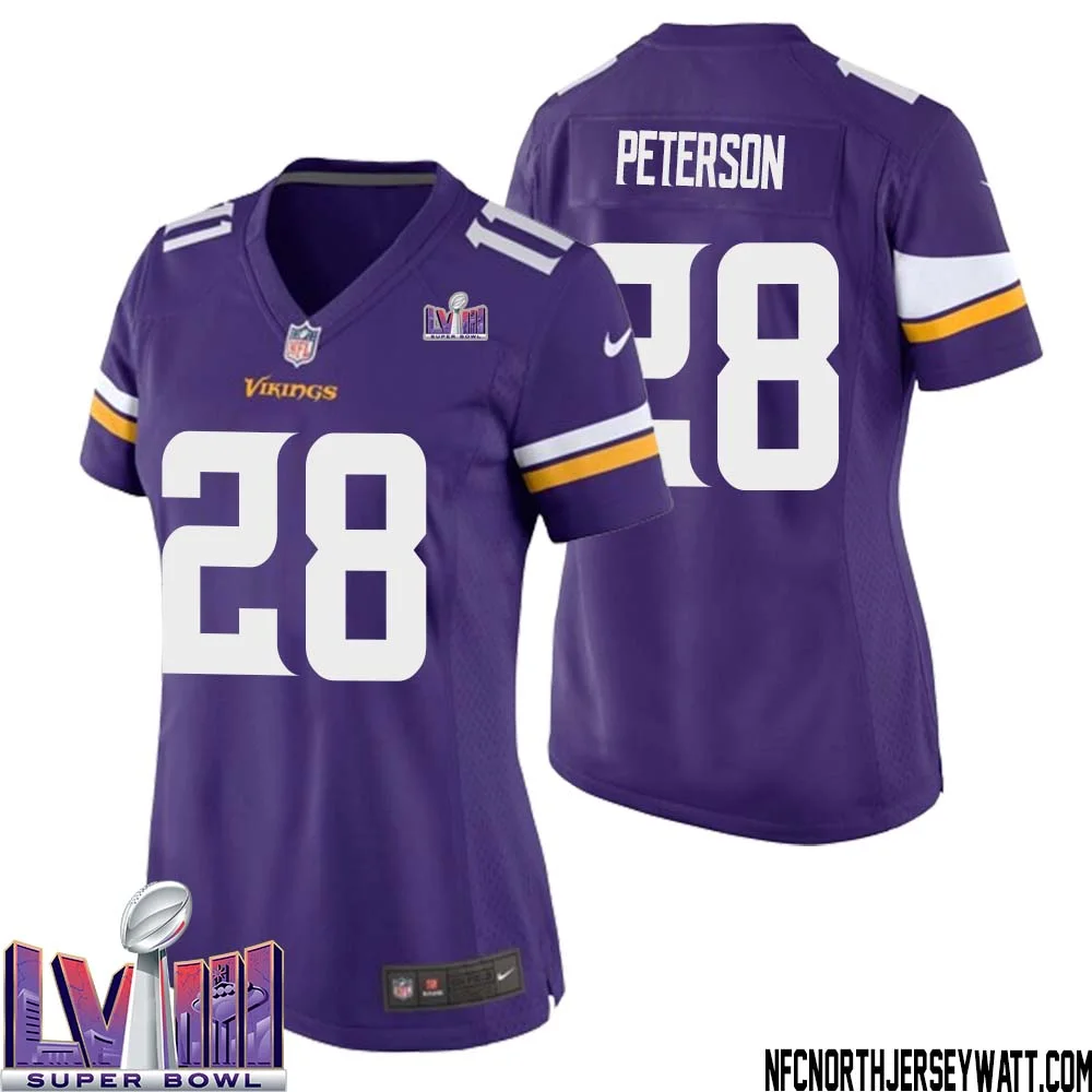 Adrian Peterson No 28 Minnesota Vikings Super Bowl LVIII Home Game Jersey Court Purple for Women 1