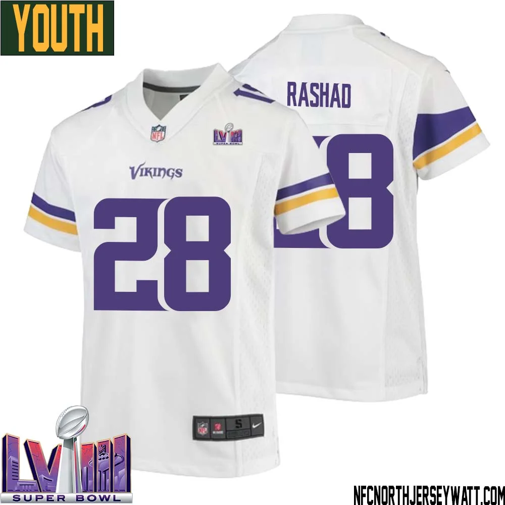 Ahmad Rashad No 28 Minnesota Vikings Super Bowl LVIII Away Game Jersey White for Youth 1