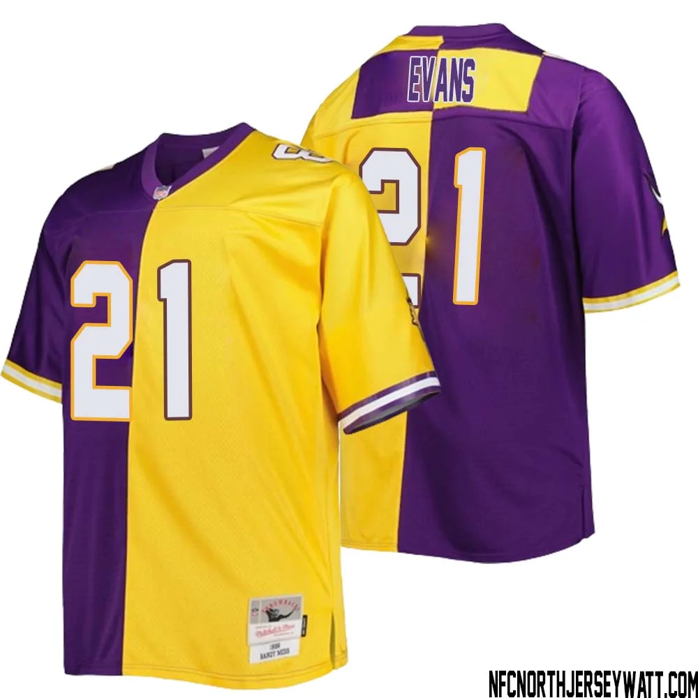 Akayleb Evans No 21 Men Mitchell Ness Purple Gold Minnesota Vikings Big Tall Split Legacy Retired Player Replica Jersey